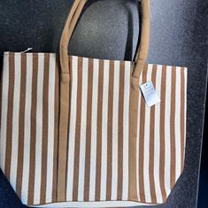 Brown Vertical Striped Canvas Shopper Bag
