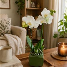 White Phalaenopsis in Green Pot